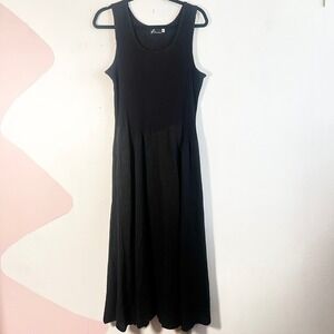 Fenini Black 100% Linen Midi Dress Women's XL Ribbed Made in USA Lagenlook